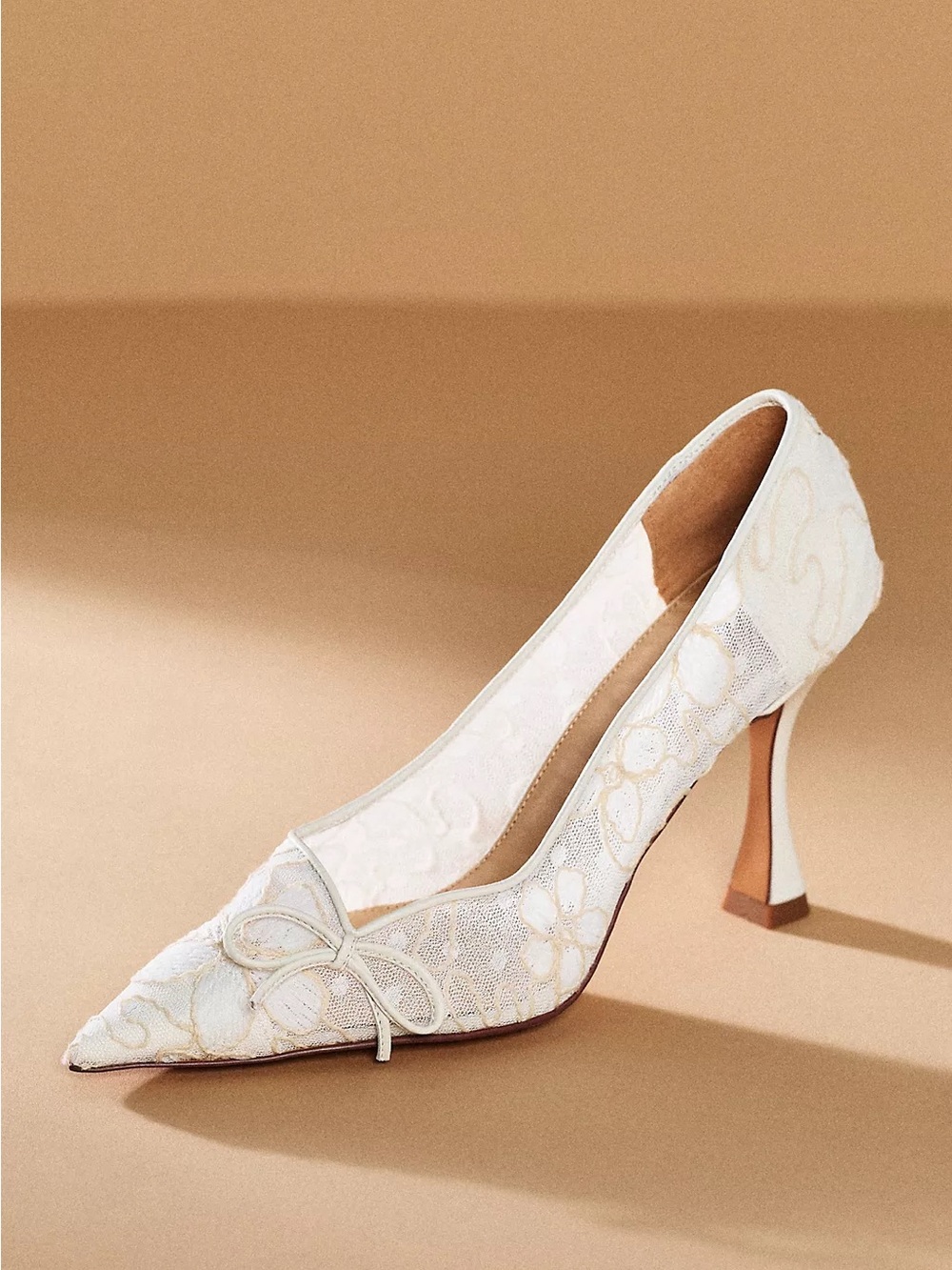 Lola Cruz Pointed-Toe Lace Bow Heels